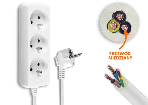 Rallonge électrique, 3 prises avec mise à la terre, 1,5 m, blanche