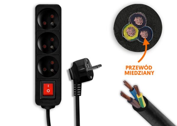 Rallonge électrique, 3 prises avec mise à la terre et interrupteur, 3 m, noire