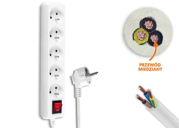 Rallonge électrique, 5 prises avec mise à la terre et interrupteur, 1,5 m, blanche