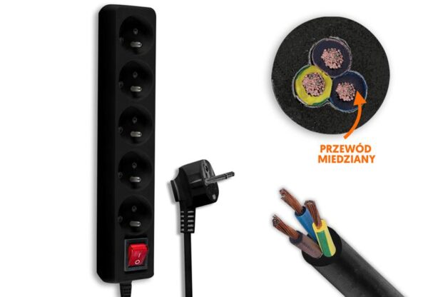 Rallonge électrique, 5 prises avec mise à la terre et interrupteur, 1,5 m, noire