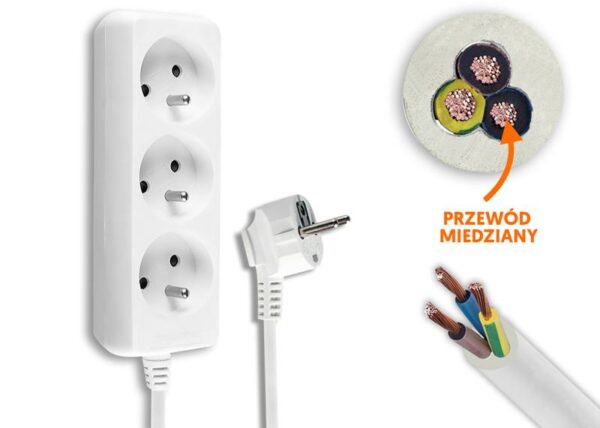 Rallonge électrique, 3 prises avec mise à la terre, 3 m, blanche