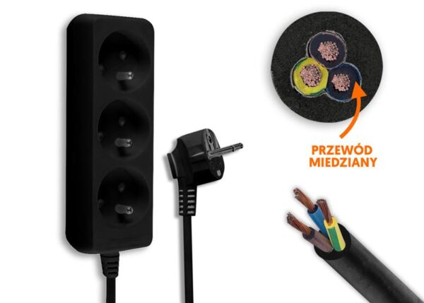 Rallonge électrique, 3 prises avec mise à la terre, 3 m, noire