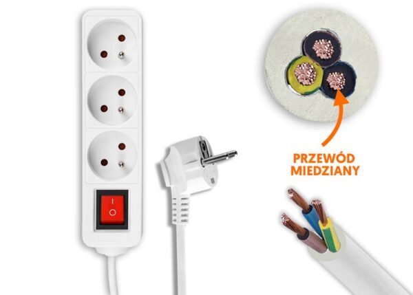 Rallonge électrique, 3 prises avec mise à la terre et interrupteur, 3 m, blanche