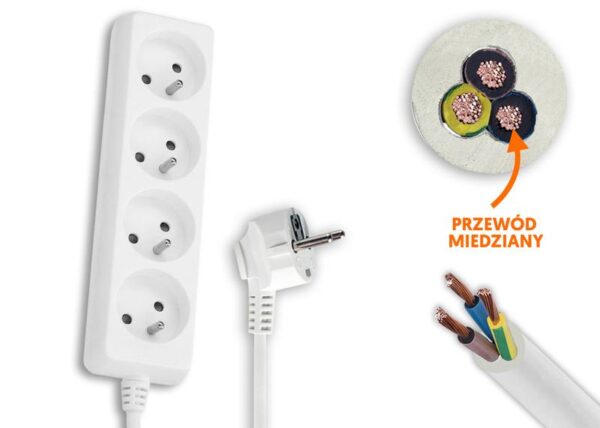 Rallonge électrique, 4 prises avec mise à la terre, 1,5 m, blanche