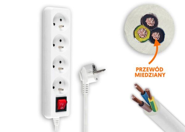 Rallonge électrique, 4 prises avec mise à la terre et interrupteur, 3 m, blanche