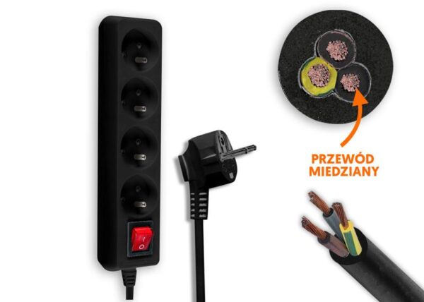 Rallonge électrique, 4 prises avec mise à la terre et interrupteur, 3 m, noire