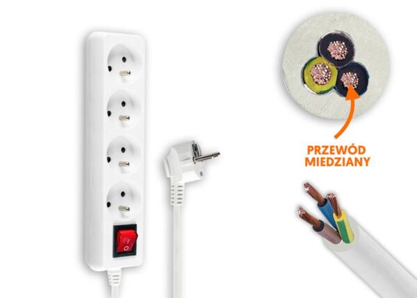 Rallonge électrique, 4 prises avec mise à la terre et interrupteur, 5 m, blanche
