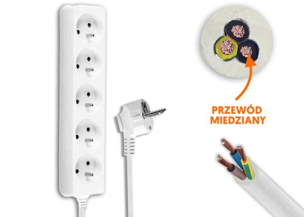 Rallonge électrique, 5 prises avec mise à la terre, 1,5 m, blanche
