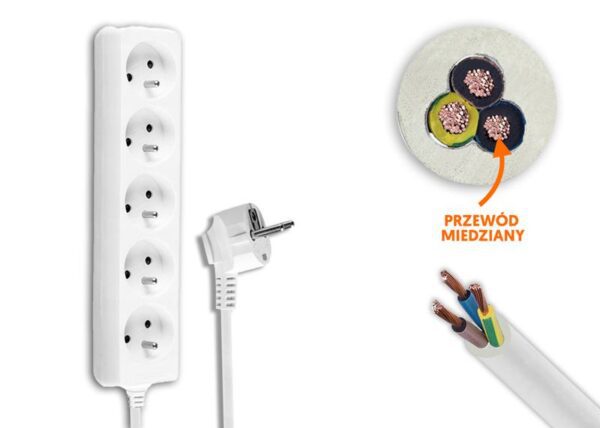 Rallonge électrique, 5 prises avec mise à la terre, 3 m, blanche