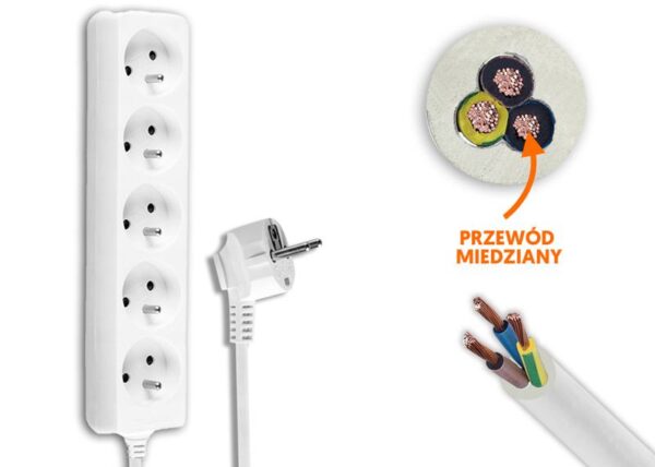 Rallonge électrique à 5 prises avec mise à la terre, 5 m, blanche