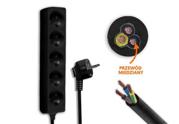 Rallonge électrique, 5 prises avec mise à la terre, 5 m, noire