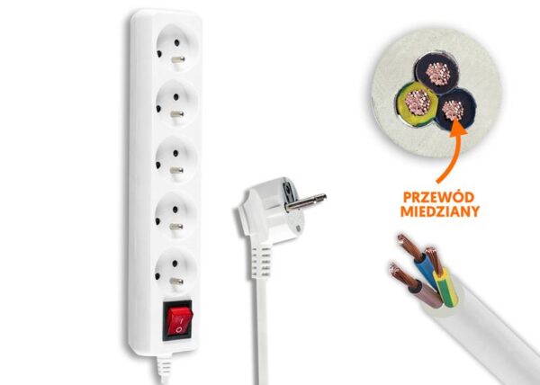 Rallonge électrique, 5 prises avec mise à la terre et interrupteur, 3 m, blanche