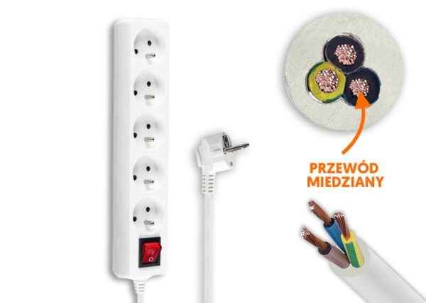 Rallonge électrique, 5 prises avec mise à la terre et interrupteur, 5 m, blanche