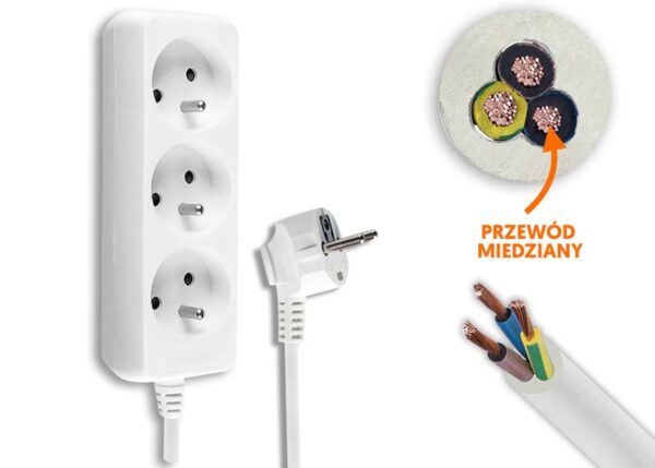 Rallonge électrique, 3 prises avec mise à la terre, 5 m, blanche