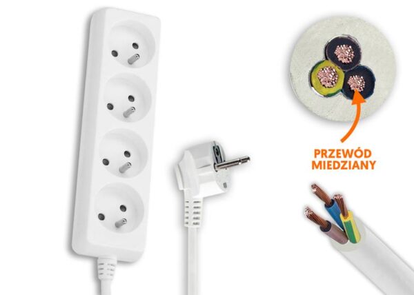 Rallonge électrique, 4 prises avec mise à la terre, 5 m, blanche