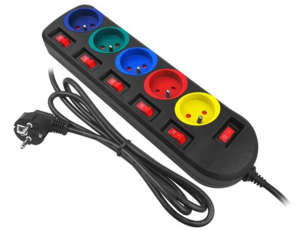 Rallonge électrique, 5 prises de courant avec interrupteurs et mise à la terre, 1,5 m, multicolore.