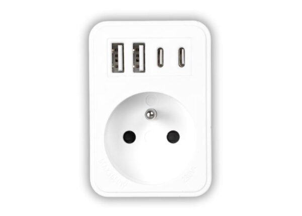 Répartiteur réseau : 1 prise ronde + 2 ports USB + 2 ports USB-C, blanc, 2 x 2,4 A