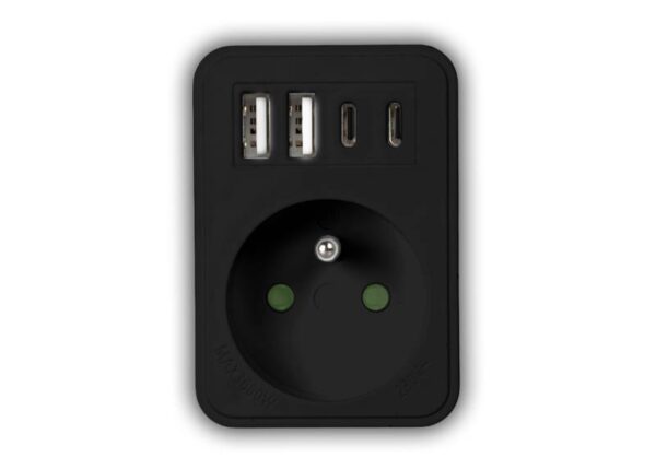 Répartiteur réseau : 1 prise ronde + 2 ports USB + 2 ports USB-C, noir, 2 x 2,4 A