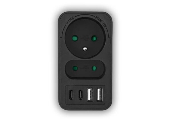 Répartiteur réseau : 1 prise ronde avec terre + 1 prise plate + 2 ports USB + 2 ports USB-C 3.1A noir