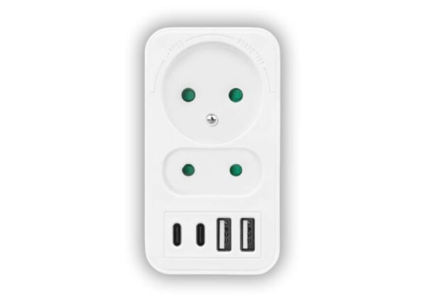 Répartiteur réseau : 1 prise ronde avec terre + 1 prise plate + 2 ports USB + 2 ports USB-C, 3,1 A, blanc