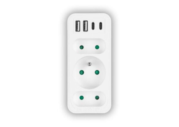 Répartiteur réseau : 1 prise ronde avec terre + 2 prises plates + 2 ports USB + 2 ports USB-C 3.1A (blanc)