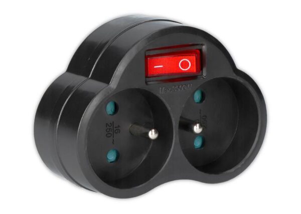 Répartiteur de courant : 2 prises de courant avec interrupteur et mise à la terre, noir