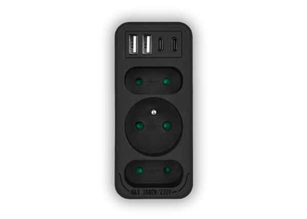 Répartiteur réseau : 1 prise ronde avec terre + 2 prises plates + 2 ports USB + 2 ports USB-C 3.1A (noir)