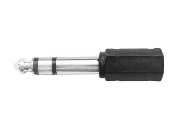 Adaptateur jack : fiche 6,3 mm - prise 3,5 mm, en plastique.