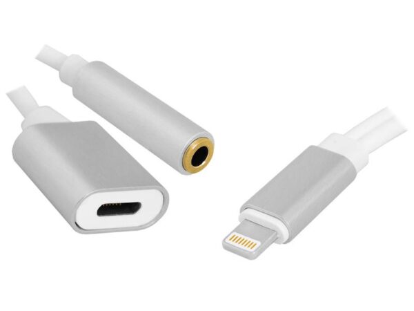 Adaptateur PS HF argenté USB IPHONE LIGHTNING vers prise casque 3,5 mm + alimentation.
