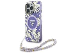 Étui Guess Palm Trees Triangle Pearl     Strap MagSafe pour iPhone 16 Pro violet GUHMP16LHPCTPLSU