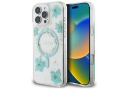Étui Guess Resin Flowers Glitter MagSafe pour iPhone 16 Pro turkusowy GUHMP16LRBFGFGMQ