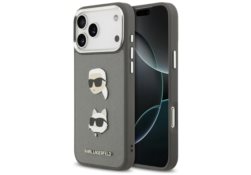 Étui Karl Lagerfeld FW Grained Karl &    Choupette Heads Pins & Logo pour iPhone 17 Pro Max gris KLHCP17XPSFDHPOG