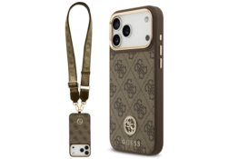 Étui Guess 4G Strass Logo & Big Strap    Metal Buttons MagSafe pour iPhone 17 Pro Max marron GUHMP17XP4G4DCSW