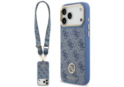 Étui Guess 4G Strass Logo & Big Strap    Metal Buttons MagSafe pour iPhone 17 Pro Max bleu GUHMP17XP4G4DCSB