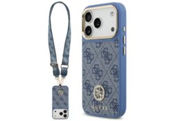 Étui Guess 4G Strass Logo & Big Strap    Metal Buttons MagSafe pour iPhone 17 Pro bleu GUHMP17LP4G4DCSB