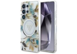 Étui Guess Glitter Flowers Triangle      Buttons MagSafe pour Samsung Galaxy S25 Ultra blanc GUHMS25LHFLPEDH