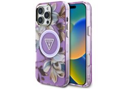 Étui Guess Glitter Flowers Triangle      Buttons MagSafe pour iPhone 16 Pro Max violet GUHMP16XHFLPEDU