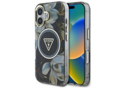 Étui Guess Glitter Flowers Triangle      Buttons MagSafe pour iPhone 16 noir GUHMP16SHFLPEDK