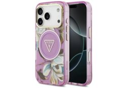 Étui Guess IML Glitter Flowers Triangle  MagSafe pour iPhone 17 Pro Max violet GUHMP17XHFLPEDU
