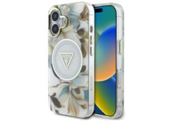 Étui Guess Glitter Flowers Triangle      Buttons MagSafe pour iPhone 16 blanc GUHMP16SHFLPEDH