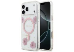 Étui Guess Resin Flowers Glitter MagSafe pour iPhone 17 Pro Max rose GUHMP17XRBFGFGMP