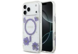Étui Guess Resin Flowers Glitter MagSafe pour iPhone 17 Pro Max violet GUHMP17XRBFGFGMU
