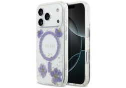 Étui Guess Resin Flowers Glitter MagSafe pour iPhone 17 Pro violet GUHMP17LRBFGFGMU