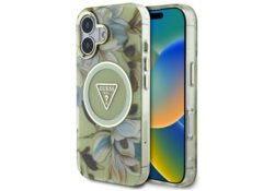 Étui Guess Glitter Flowers Triangle      Buttons MagSafe pour iPhone 16 vert GUHMP16SHFLPEDN