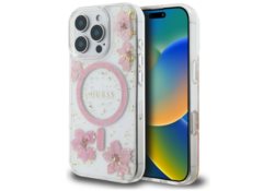 Étui Guess Resin Flowers MagSafe pouriPhone 16 Pro Max rose GUHMP16XRBFGFGMP