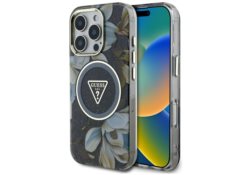 Étui Guess Glitter Flowers Triangle      Buttons MagSafe pour iPhone 16 Pro noir GUHMP16LHFLPEDK