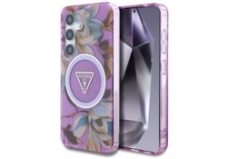 Étui Guess Glitter Flowers Triangle      Buttons MagSafe pour Samsung Galaxy S25 violet GUHMS25SHFLPEDU