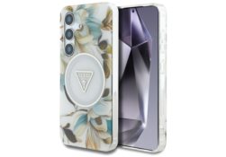 Étui Guess Glitter Flowers Triangle      Buttons MagSafe pour Samsung Galaxy S25 blanc GUHMS25SHFLPEDH