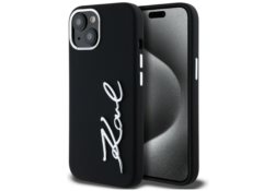 Étui Karl Lagerfeld Silicone Metal       Script Logo pour iPhone 15 noir KLHCP15SSCMSMVK