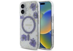 Étui Guess Resin Flowers Glitter MagSafe pour iPhone 16 violet GUHMP16SRBFGFGMU